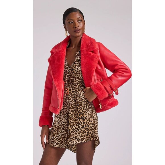 NWT Generation Love Dion Faux Fur Shearling Moto Jacket Red Size XXS - Picture 3 of 6